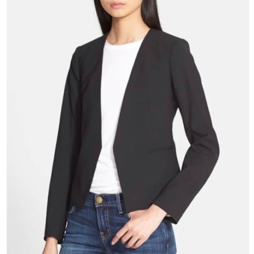 Theory Black Open Front Cropped Long Sleeve Blazer Jacket 0